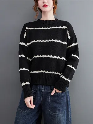 Casual Loose Long Sleeves Striped Round-Neck Sweater Tops