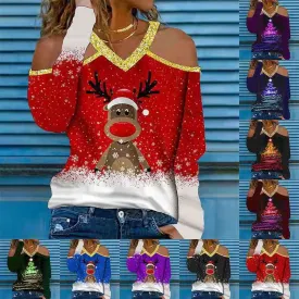 Christmas elements V-neck long-sleeved T-shirt women's sweater