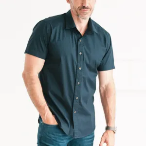 Essential Spread Collar Casual Short Sleeve Shirt - Dark Navy Stretch Cotton Poplin