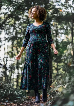 Festive Holly & Berry Print Cotton Midaxi Dress