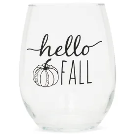 Hello Fall Pumpkin Black 14 ounce Glass Stemless Wine Tumbler Glass