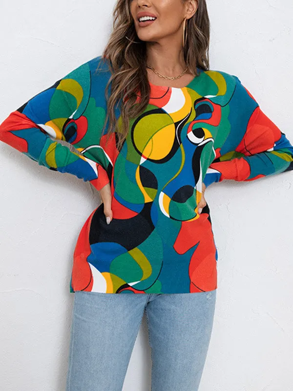 Long Sleeves Loose Contrast Color Printed Round-Neck Knitwear Pullovers Sweater Tops