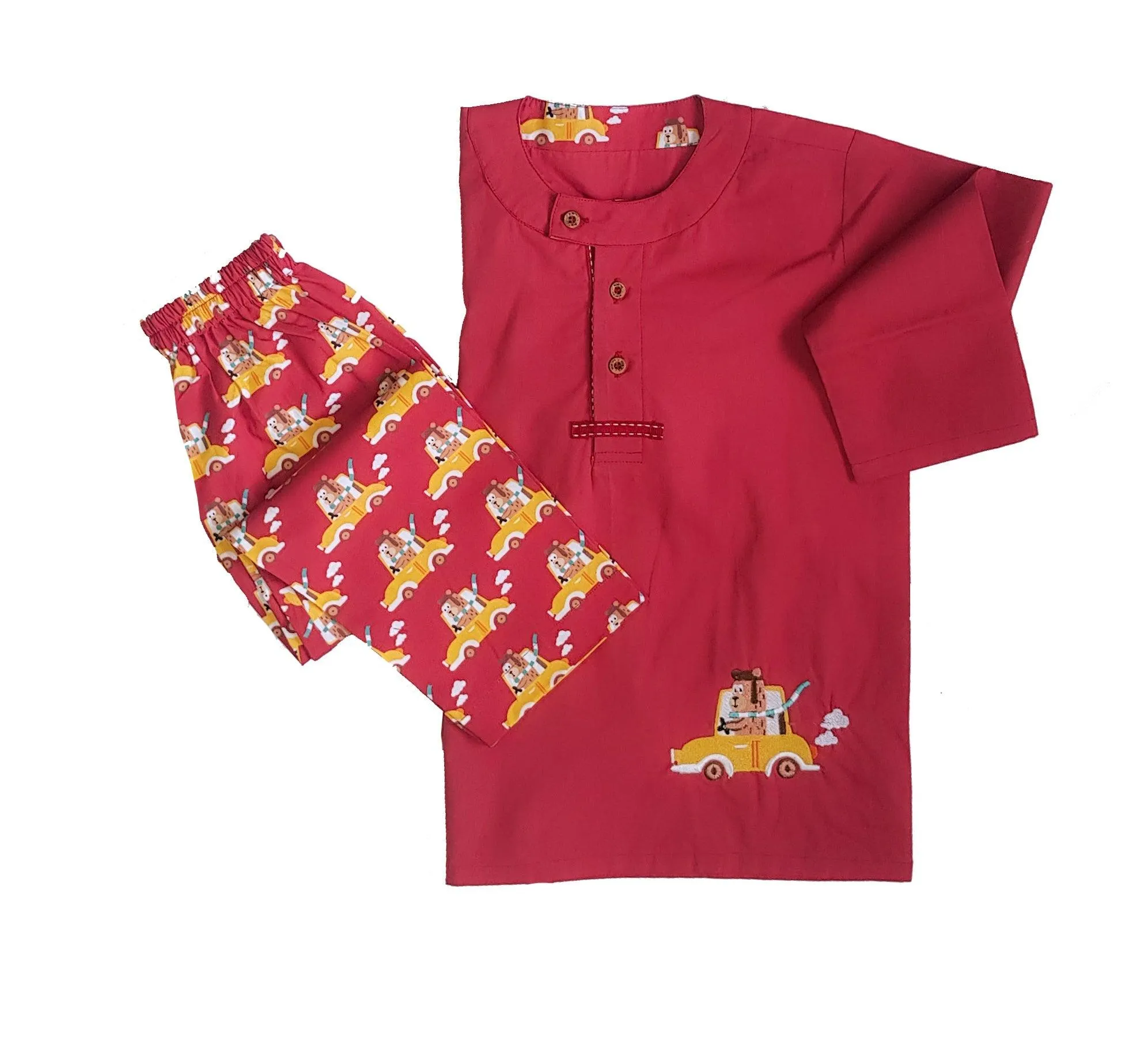 Loungewear - Bear Drive - Flat Collar - Red (Printed Bottom & Tom with Embroidery)