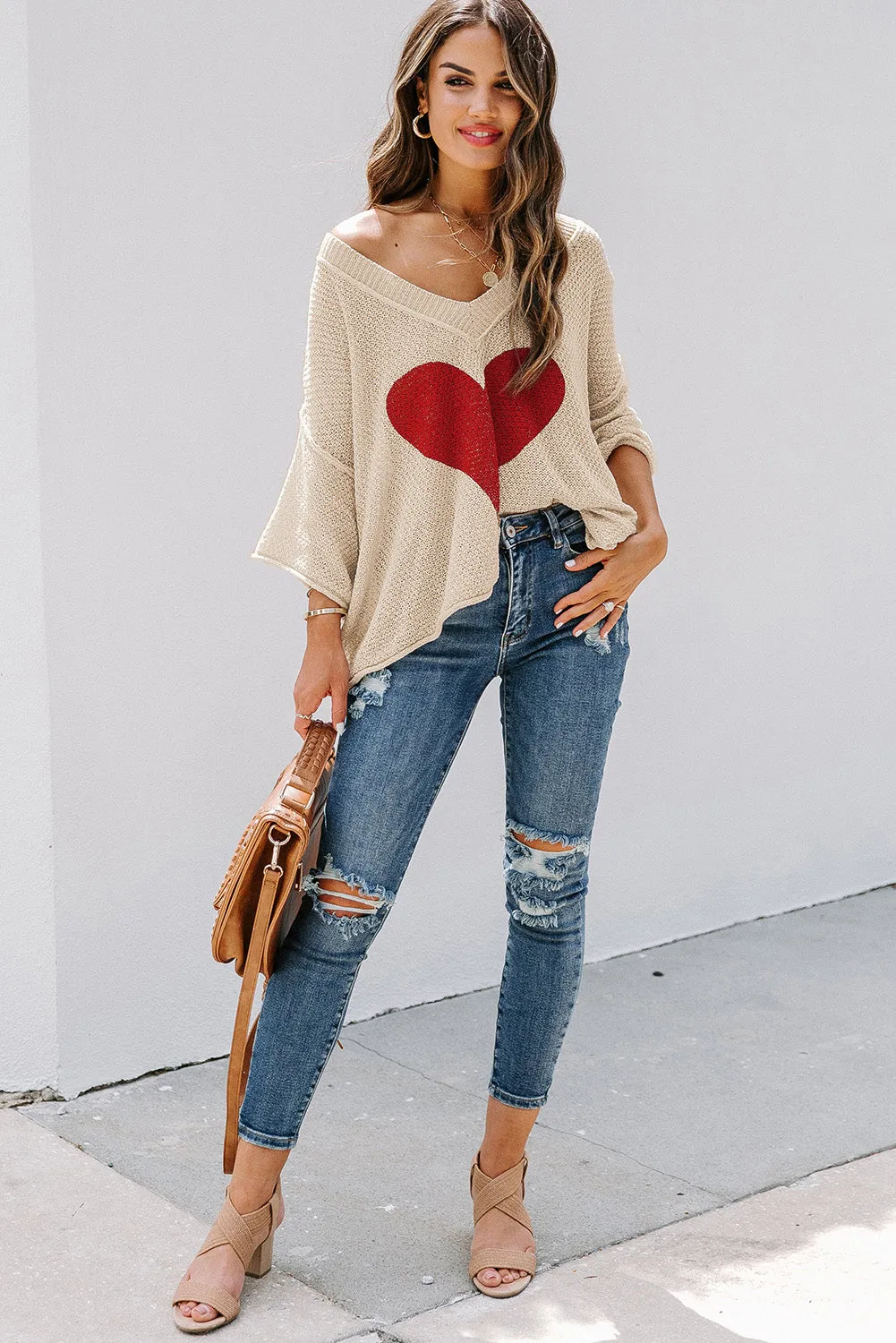 Valentine Day V Neck Oversized Knit Sweaters Heart Print Slouchy Top