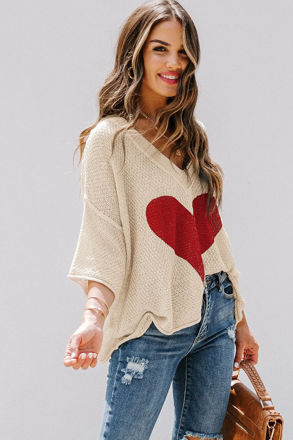 Valentine Day V Neck Oversized Knit Sweaters Heart Print Slouchy Top