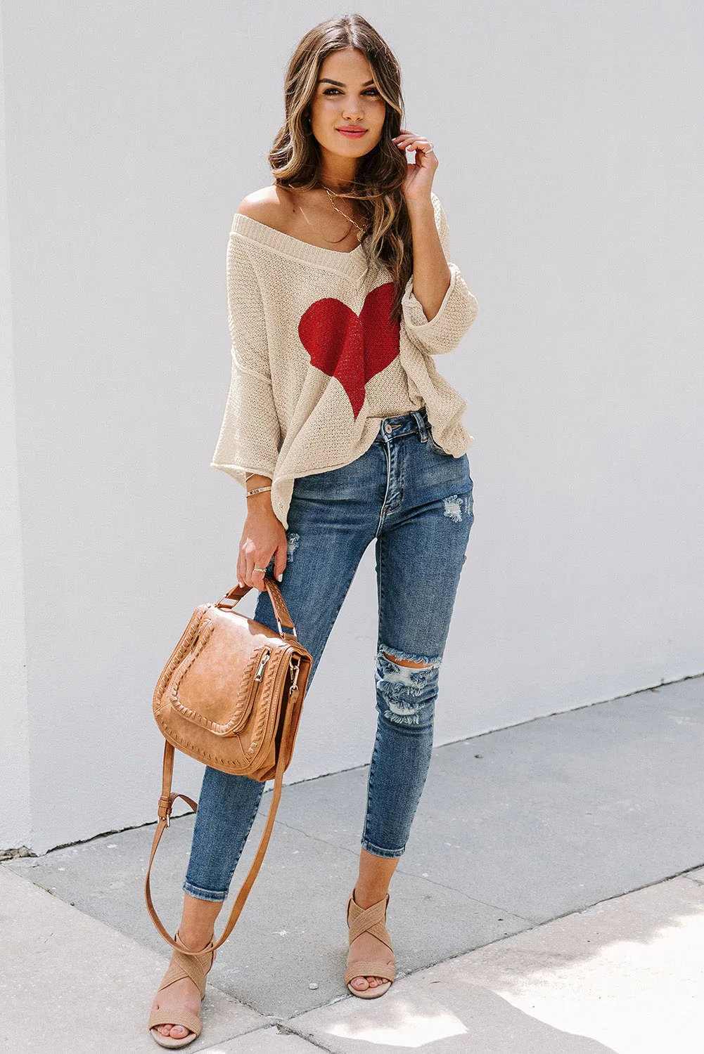 Valentine Day V Neck Oversized Knit Sweaters Heart Print Slouchy Top