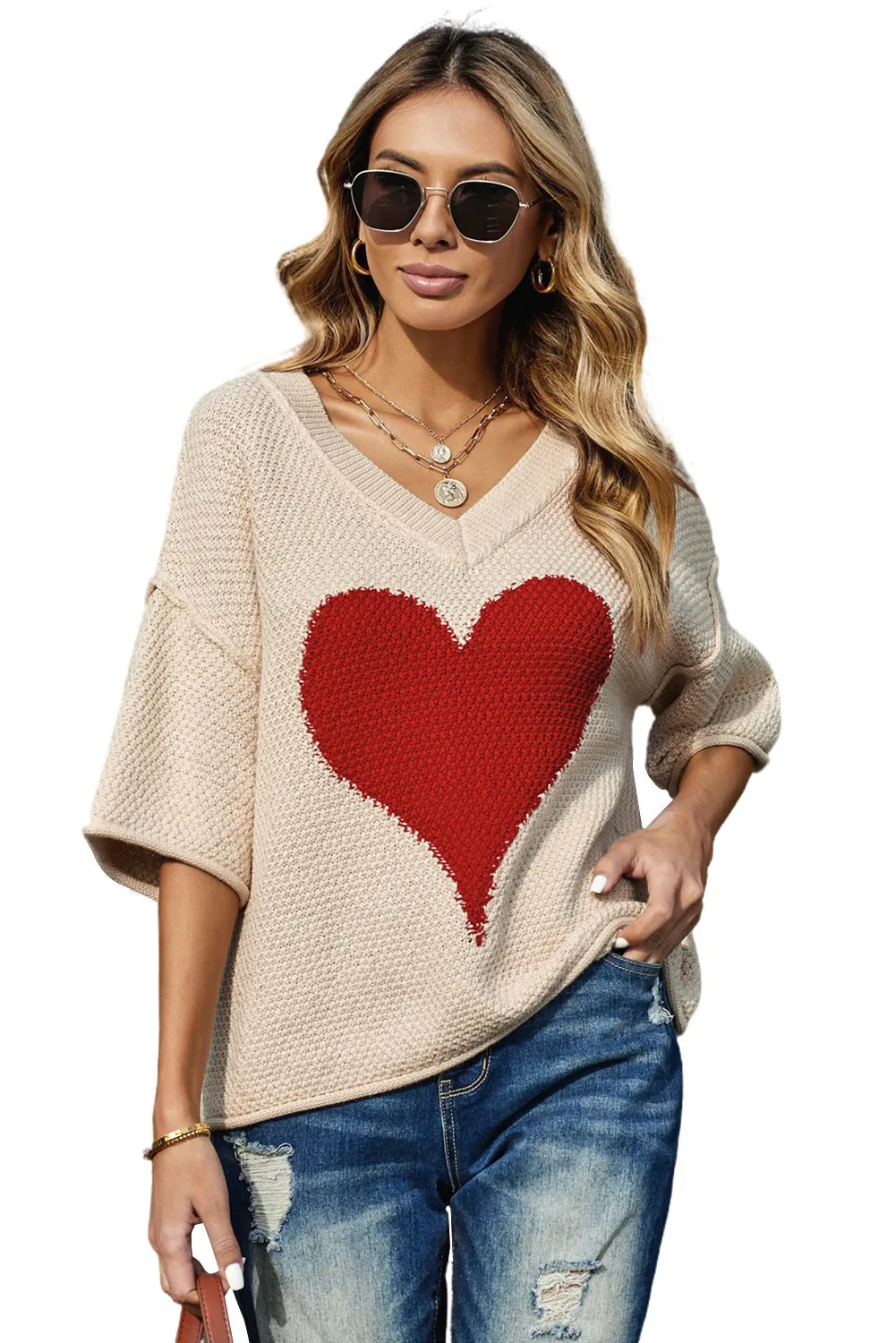 Valentine Day V Neck Oversized Knit Sweaters Heart Print Slouchy Top