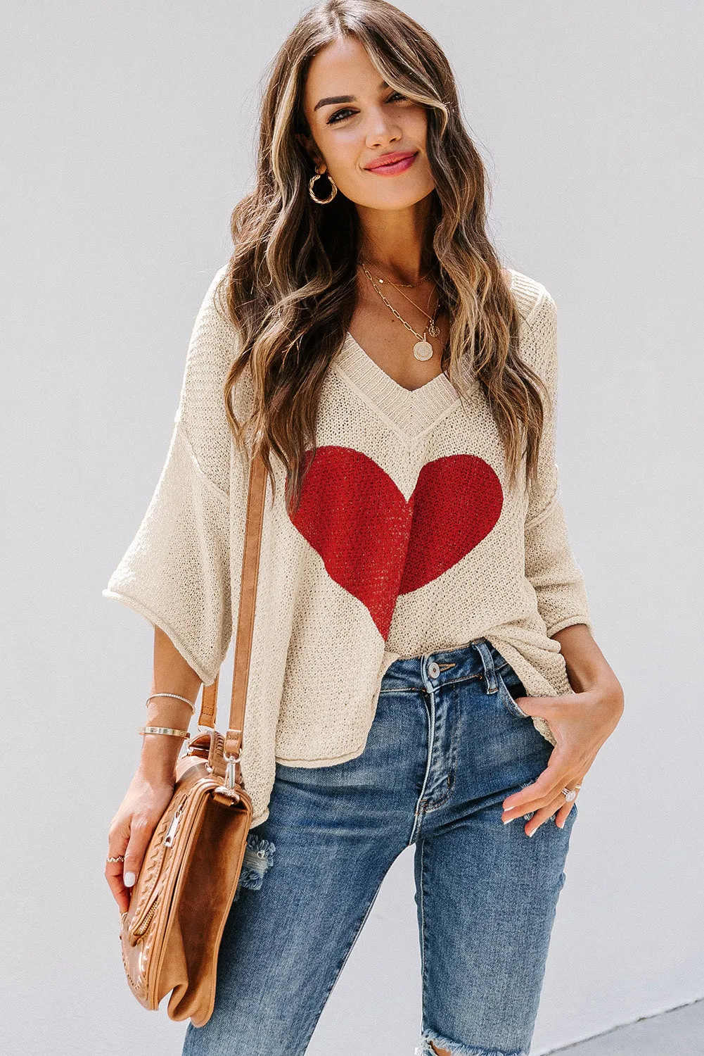 Valentine Day V Neck Oversized Knit Sweaters Heart Print Slouchy Top