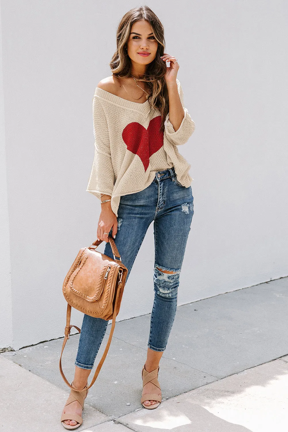 Valentine Day V Neck Oversized Knit Sweaters Heart Print Slouchy Top