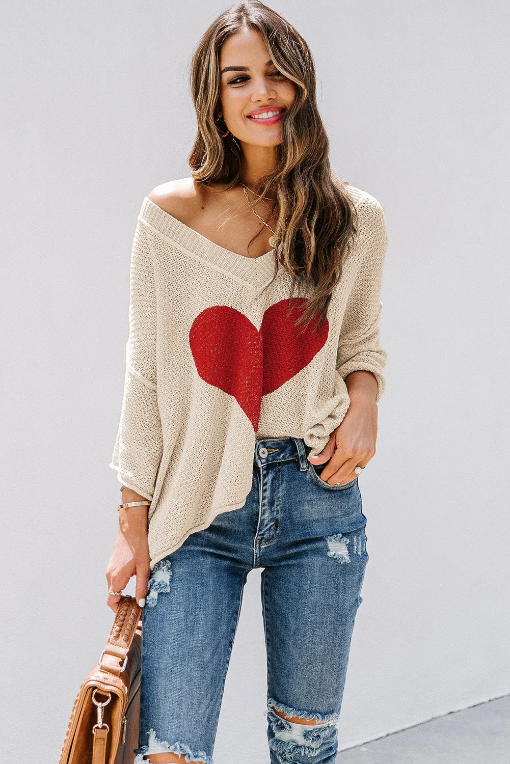 Valentine Day V Neck Oversized Knit Sweaters Heart Print Slouchy Top