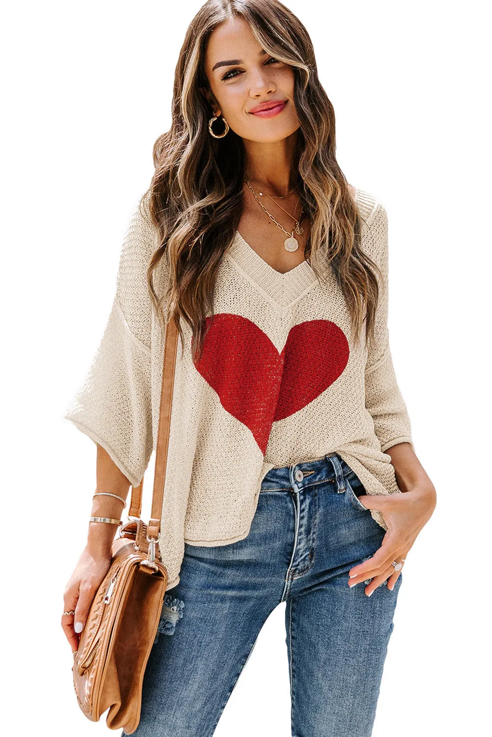 Valentine Day V Neck Oversized Knit Sweaters Heart Print Slouchy Top