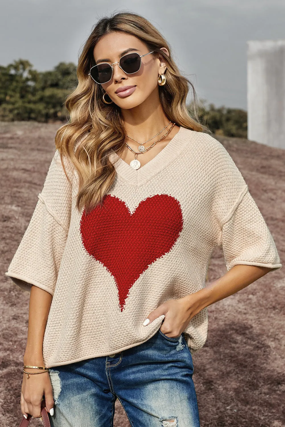 Valentine Day V Neck Oversized Knit Sweaters Heart Print Slouchy Top