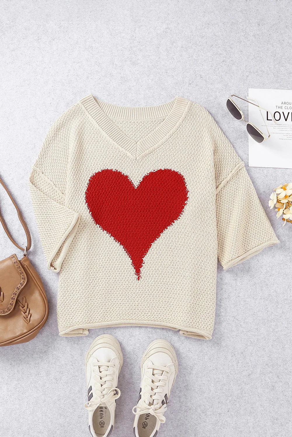 Valentine Day V Neck Oversized Knit Sweaters Heart Print Slouchy Top