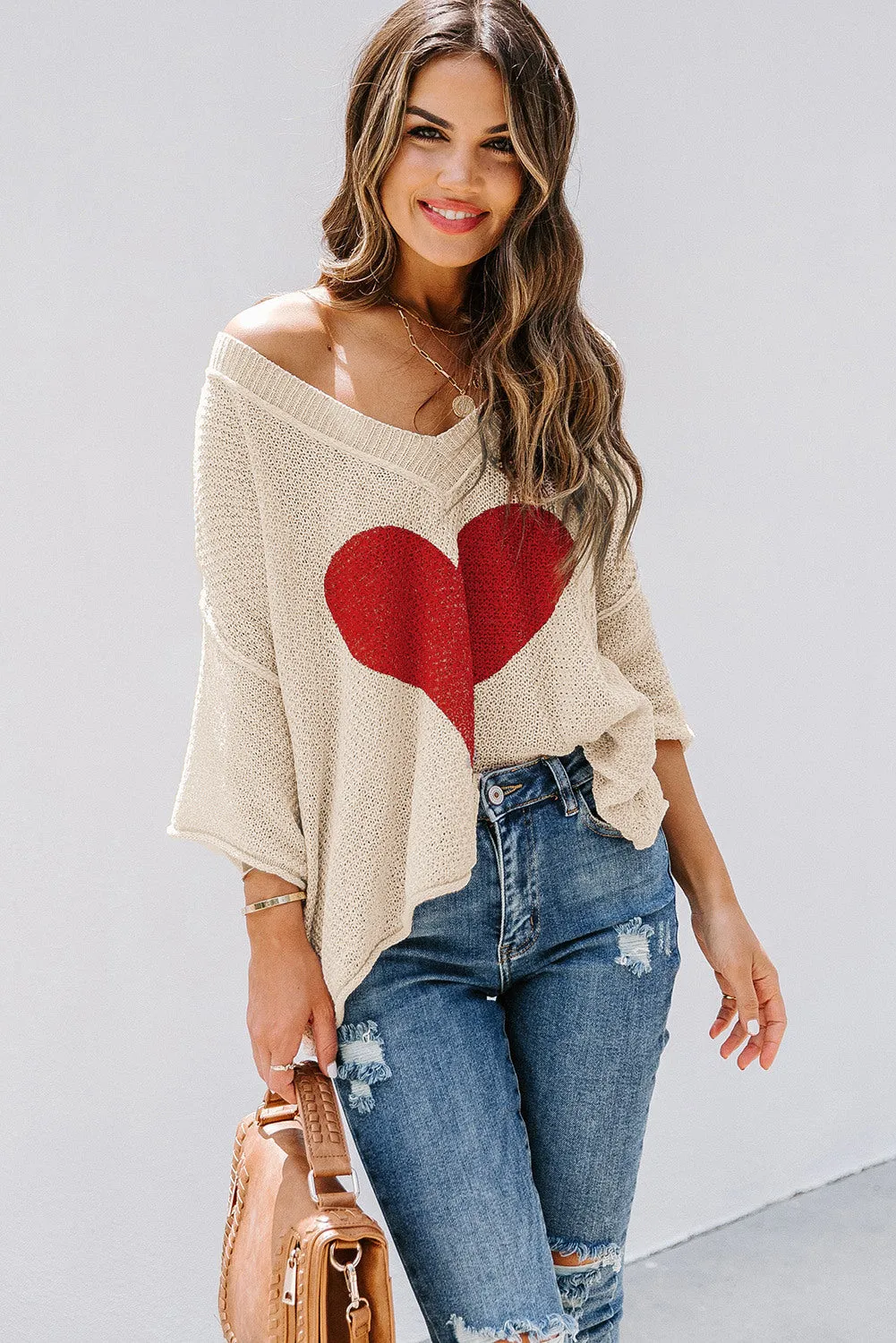 Valentine Day V Neck Oversized Knit Sweaters Heart Print Slouchy Top