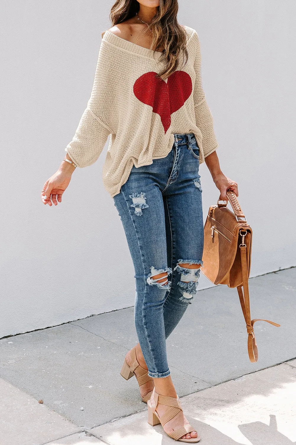 Valentine Day V Neck Oversized Knit Sweaters Heart Print Slouchy Top